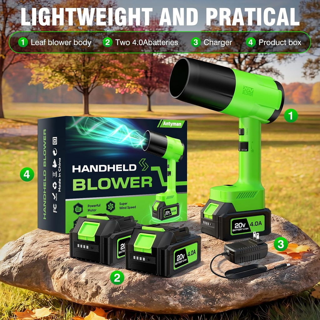 Antyman Leaf Blower Cordless, Handheld Leaf Blower with 2 X 4.0Ah Battery and Charger, Snow Blower with 6 Speed Modes, Lightweight Blowers for Lawn Care, Patio, Yard, Blowing Snow, Leaves, Dust