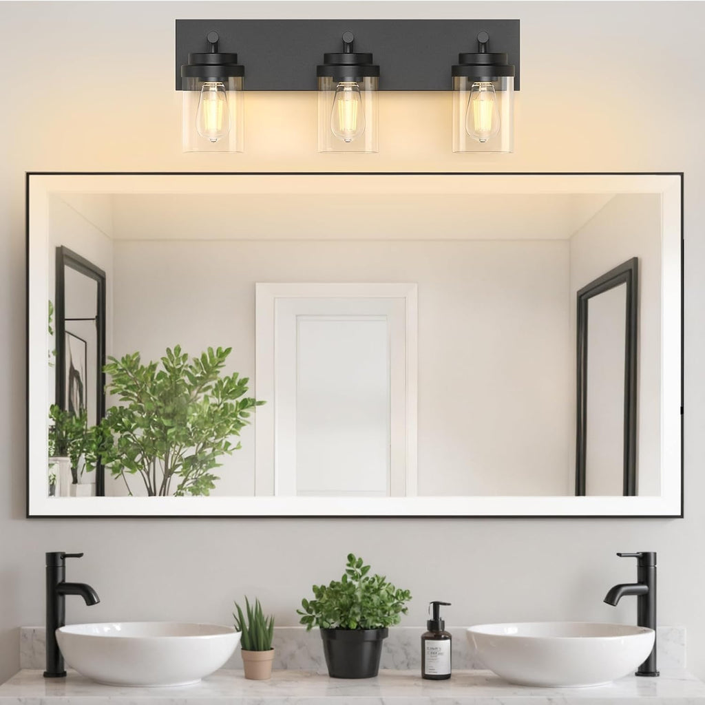 FOCOTOS Bathroom Vanity Light Fixture, 3-Light 22 Inch Matte Black Bathroom Light Fixtures Over Mirror, with Clear Glass Shade, Modern Farmhouse Vanity Lights, Rustic Restroom Lighting Fixtures