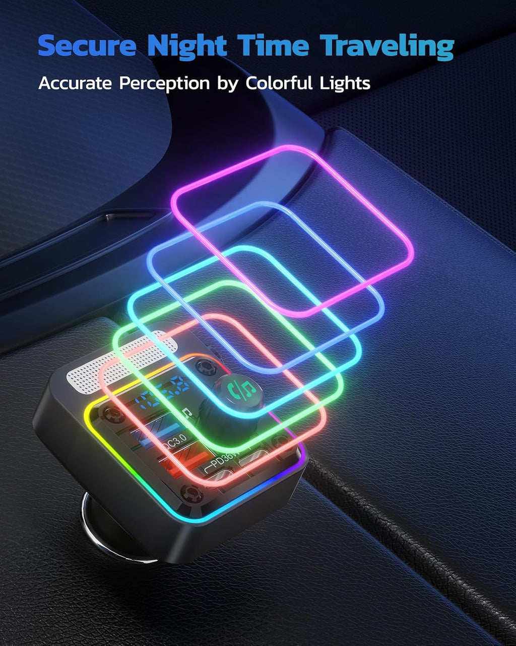 Antyman 54W Bluetooth 5.3 Car Adapter, FM Transmitter 4-Port Fast Charging | Wireless FM Radio Music Player with Deep Bass, 5 Colors LED Backlit, Hands-Free Calling, PD&QC Car Charger Support USB Drive