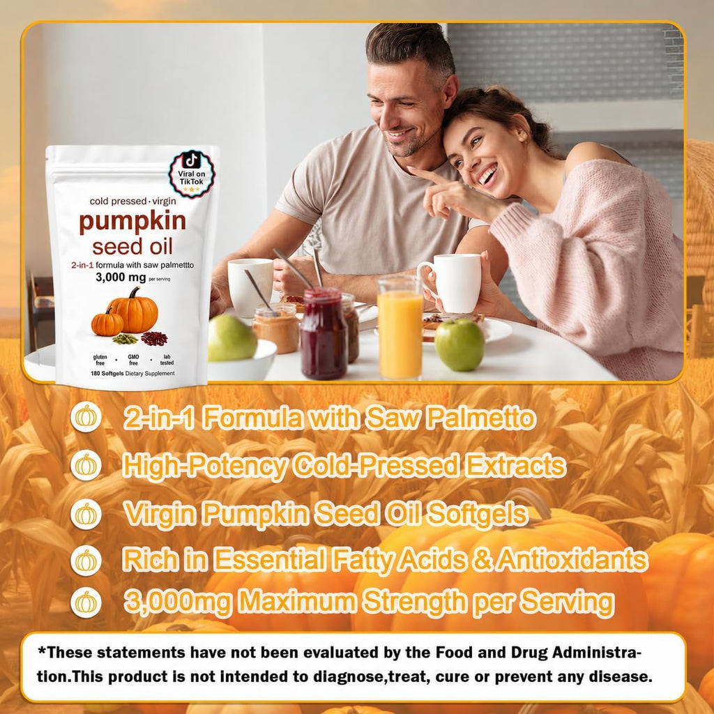 FOCOTOS Pumpkin Seed Oil, Pumpkin Seed Oil Capsules with Saw Palmetto| for Hair Growth - Non-GMO - 180 Softgels | 3000mg Cold Pressed white
