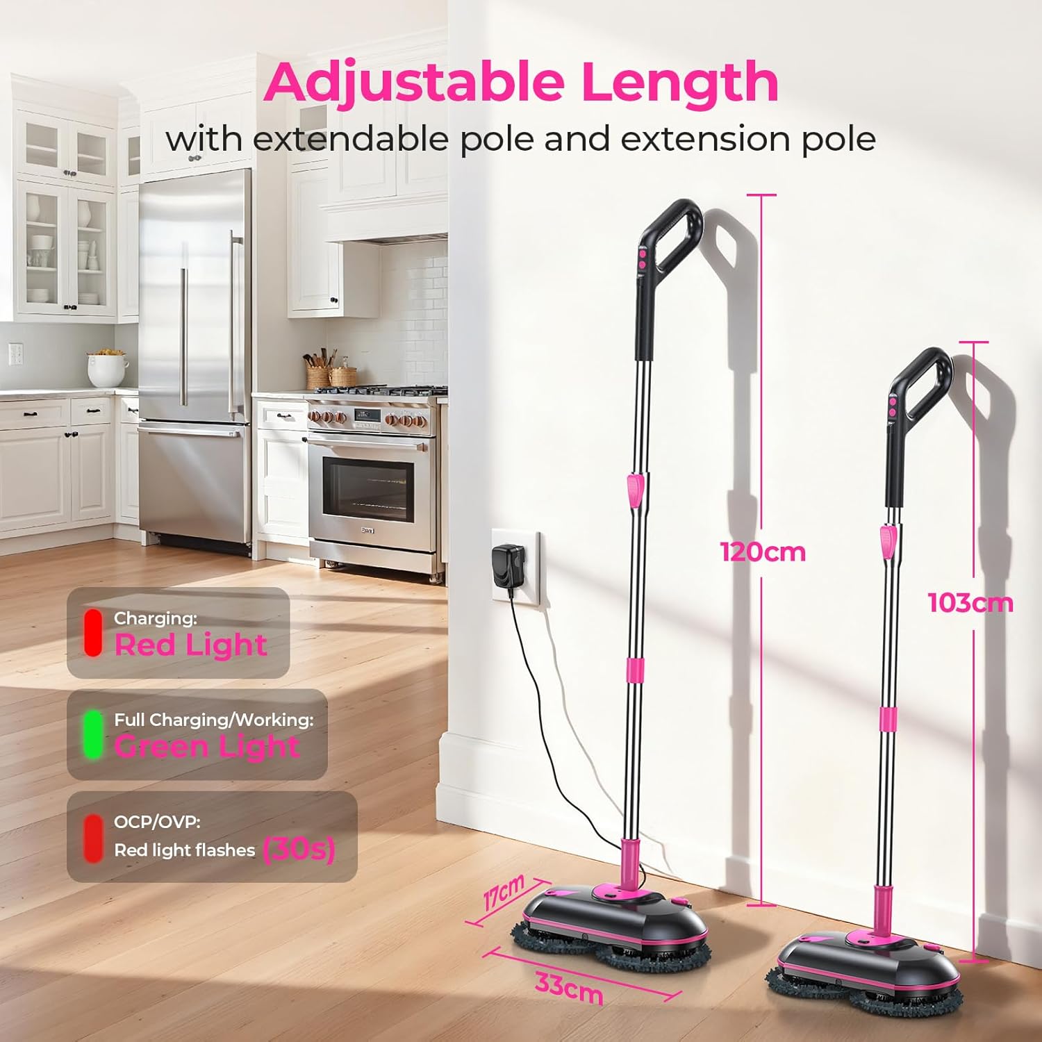 FOCOTOS Cordless Electric Mop, Electric Spin Mop with Water Sprayer, Powerful Floor Cleaner, 300ml Tank Self-Propelled for Hardwood & Tile, Adjustable Handle, 2500mAh Long-Lasting Battery, Pink