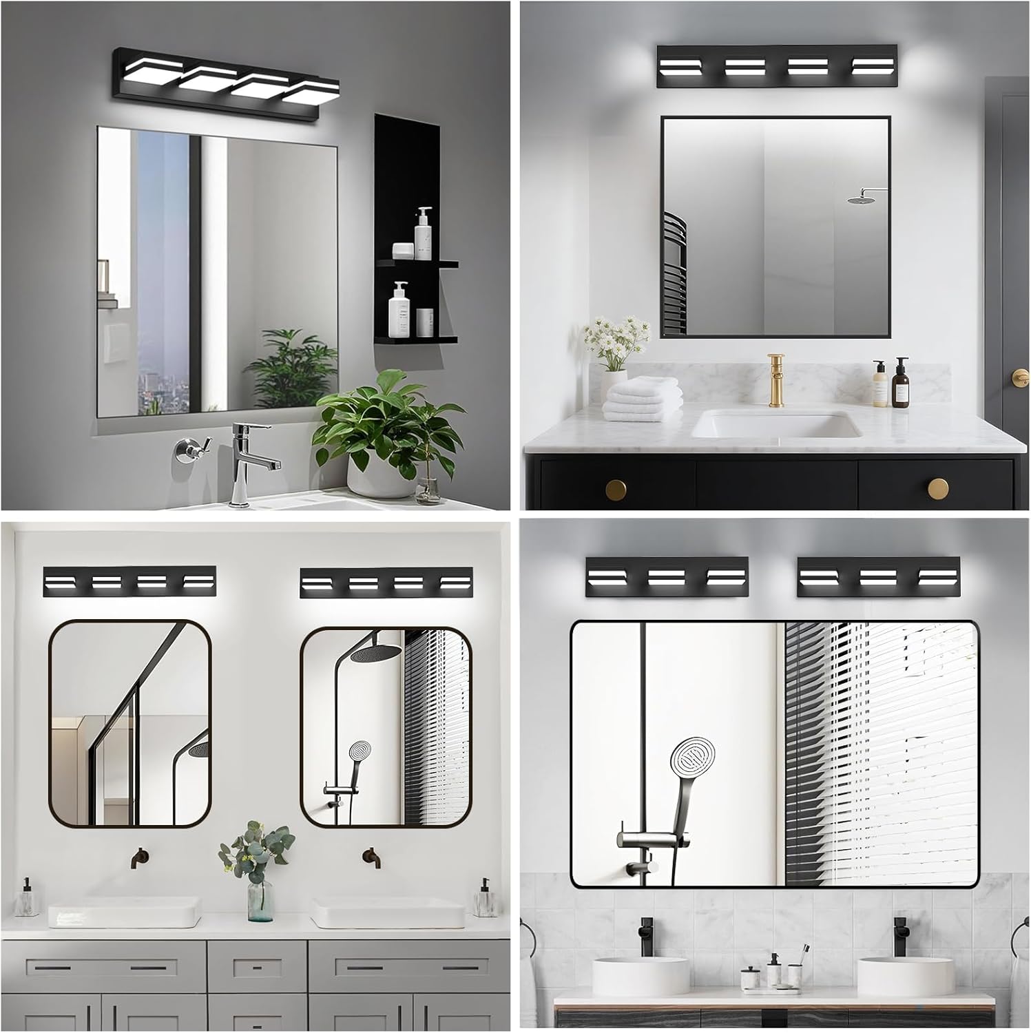FOCOTOS LED Modern Bathroom Lights Fixtures(4-Light,Dimmable,360°Rotate),Matte Black Acrylic Wall Lighting,Vanity Lights for Bathroom Over Mirror - 6000k 24In （No Assembly Required）