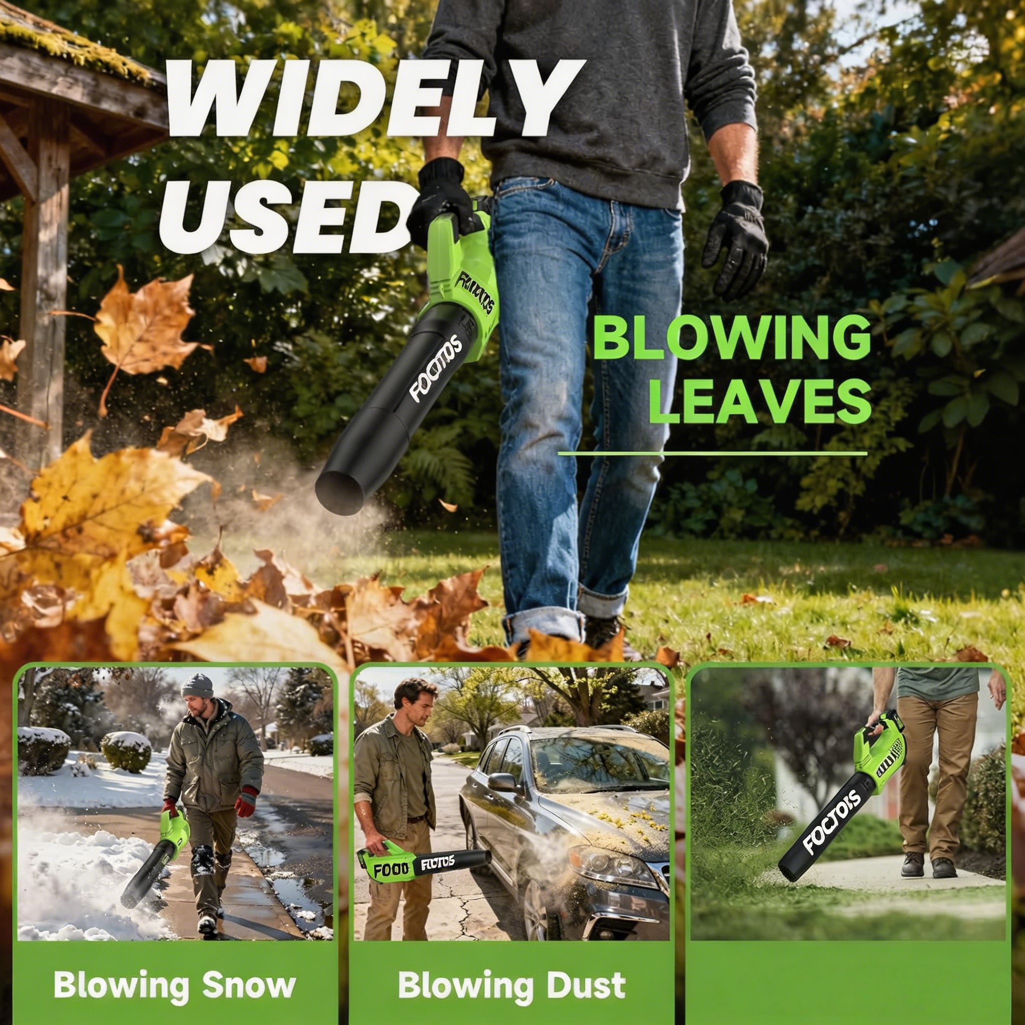 FOCOTOS Leaf Blower Cordless, 650CFM Electric Leaf Blowers with 2 x 5.2Ah Batteries and Charger, 3 Speed Modes, 1 x Adjustable Shoulder Strap, Powerful Blowers for Lawn Care, Patio, Dust, Blowing Leaves