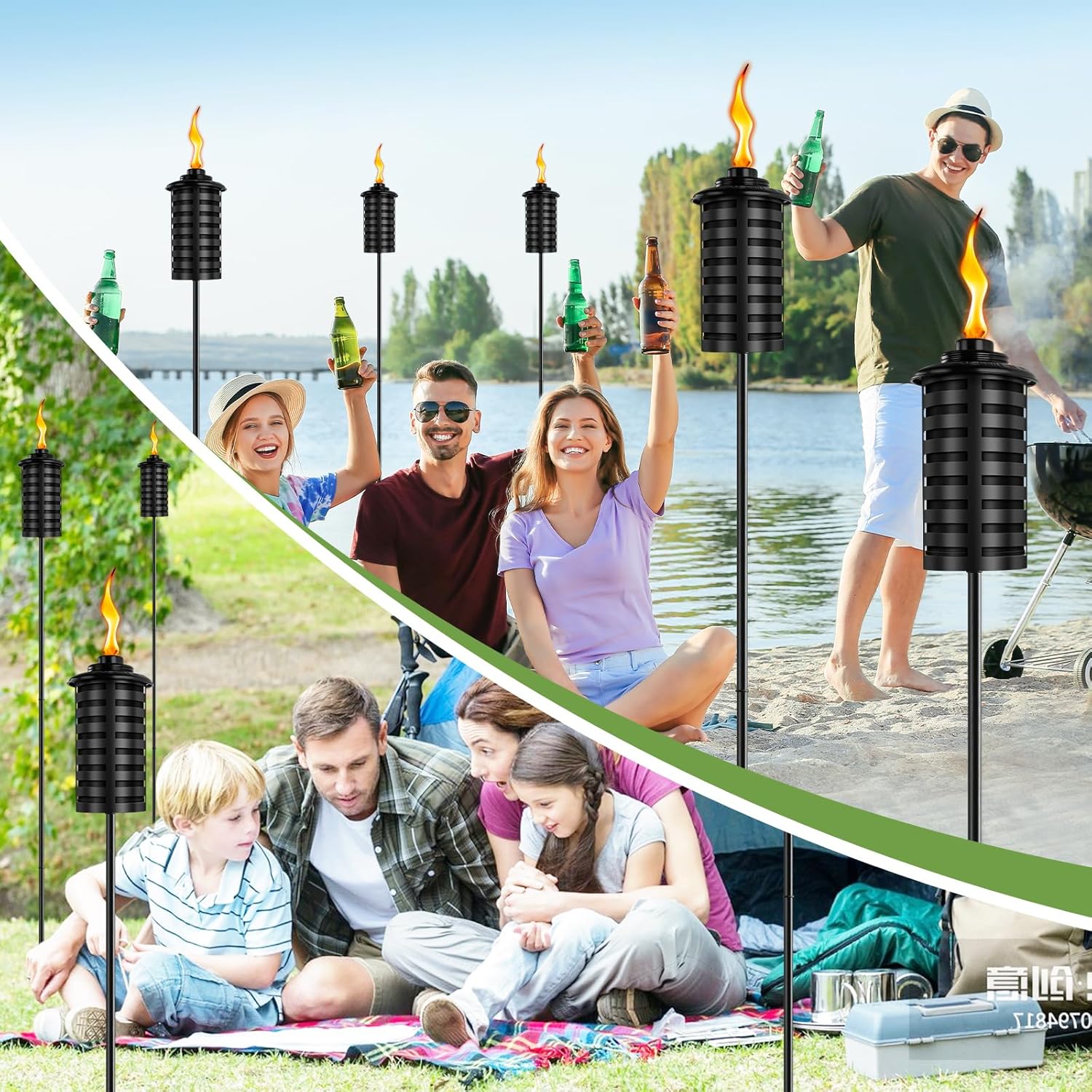 FOCOTOS 6 Pcs Metal Torch for Outside, 16 oz Outdoor Metal Torch Garden Décor,59-Inch Upgraded Citronella Torches with 3-Prong Grounded Stake, Table Top Torches for Party Patio Pathway