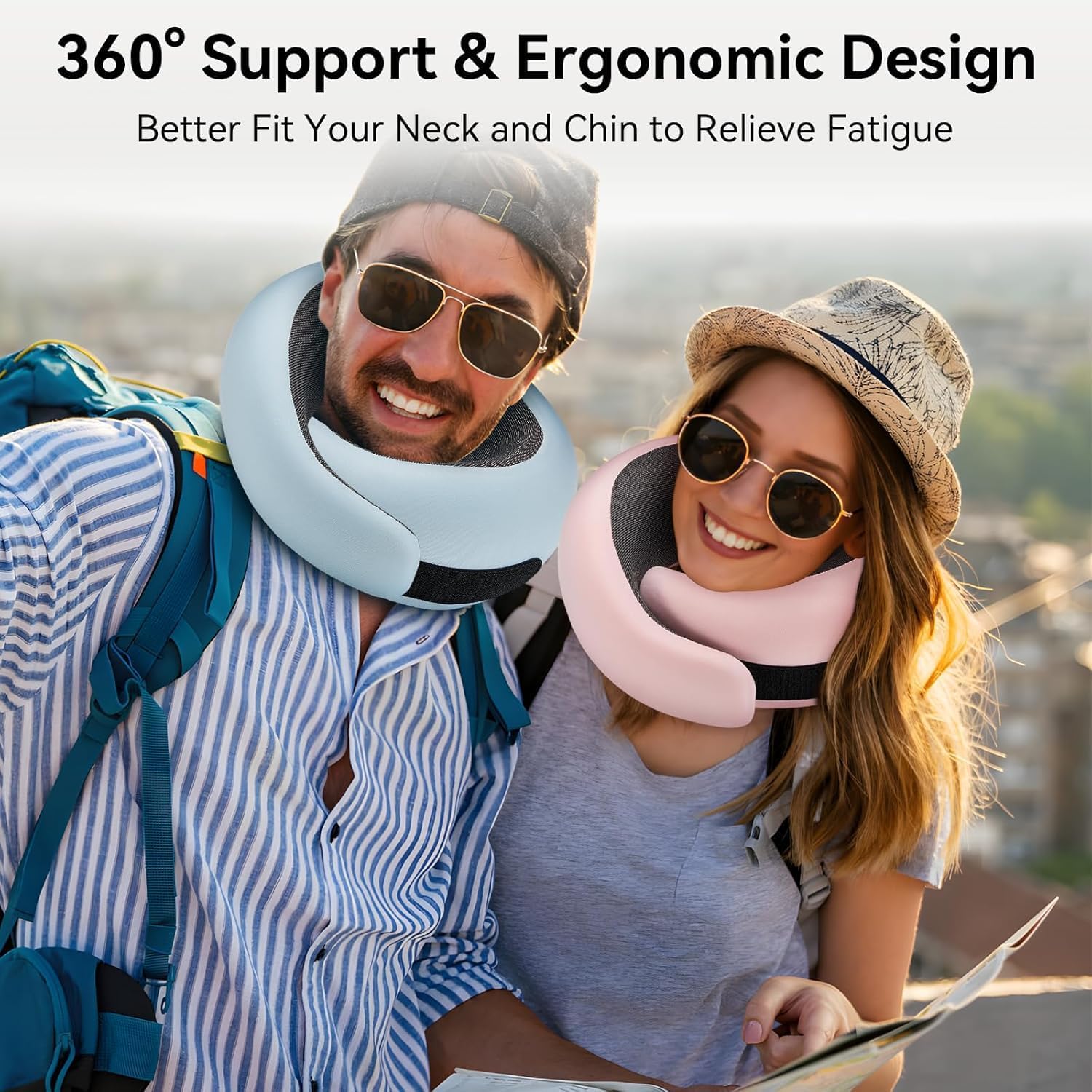 FOCOTOS Travel Pillow, Memory Foam Neck Pillow with Ergonomic 360° Support, Travel Neck Pillow for Airplanes, Compact Design for Plane, Car & Office Travel Essentials, Gray
