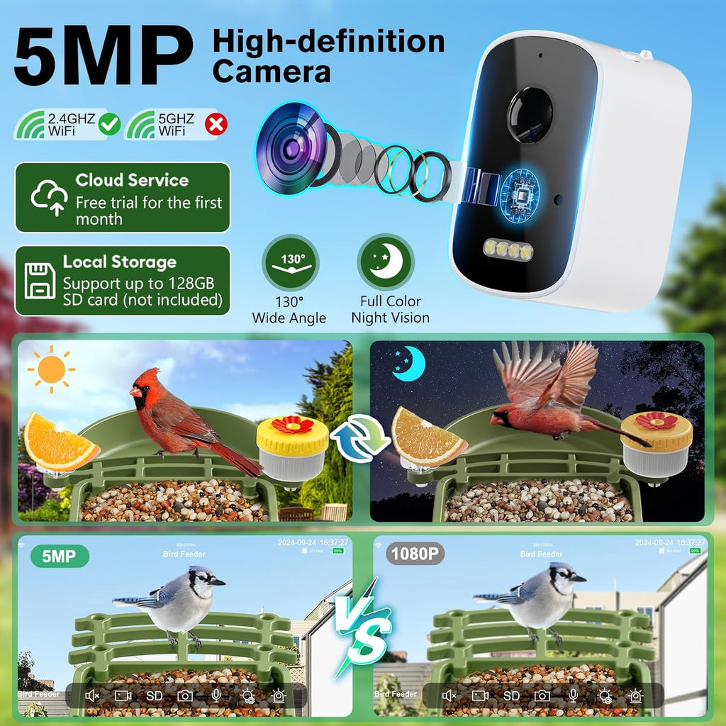 FOCOTOS Smart Bird Feeder with Camera Solar Powered, AI Birds Species Identification, 2.5K HD Video Bird House with Camera for Outside, Weatherproof Design Ideal Gifts for Christmas, Bird Lovers, Green