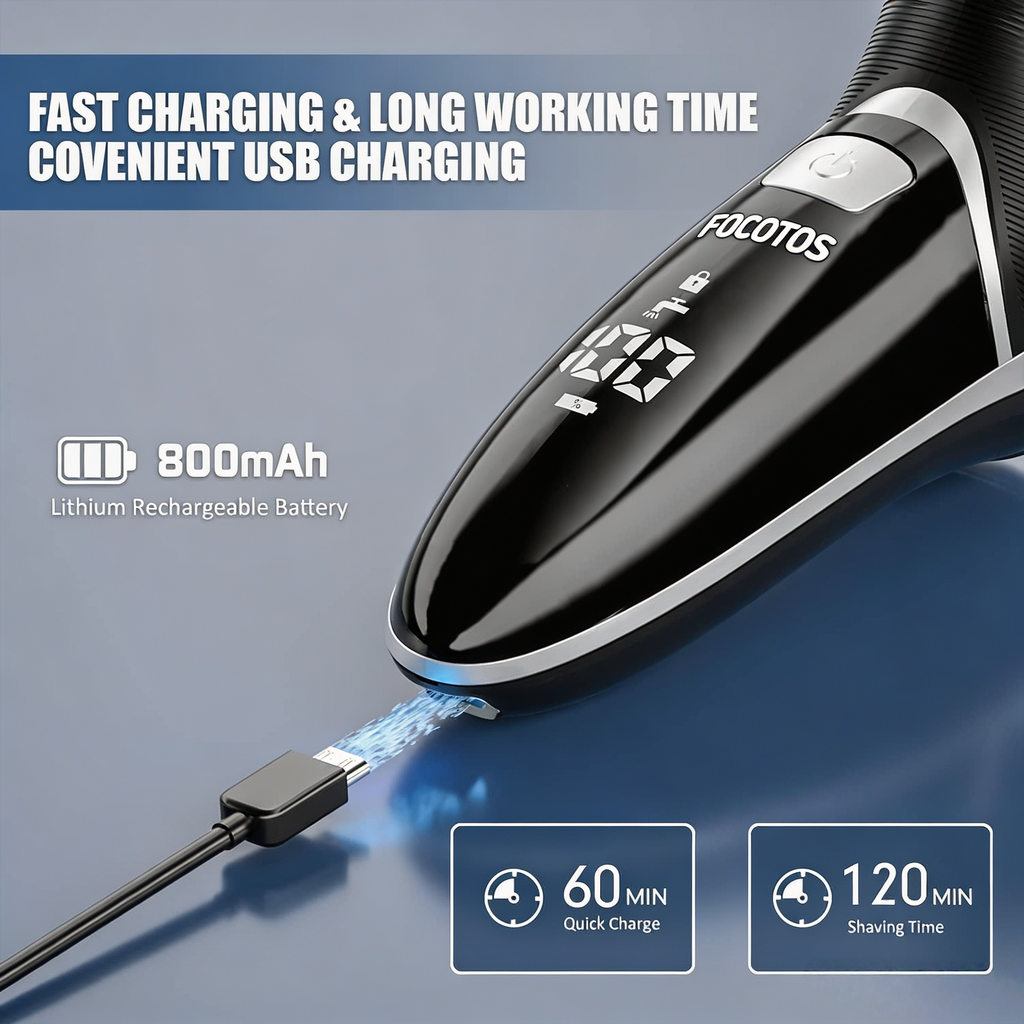 Men's Electric Shaver - FOCOTOS Corded and Cordless Rechargeable 3D Rotary Shaver Razor for Men with Pop-up Sideburn Trimmer Wet and Dry, IPX7 Waterproof, Plug & Play
