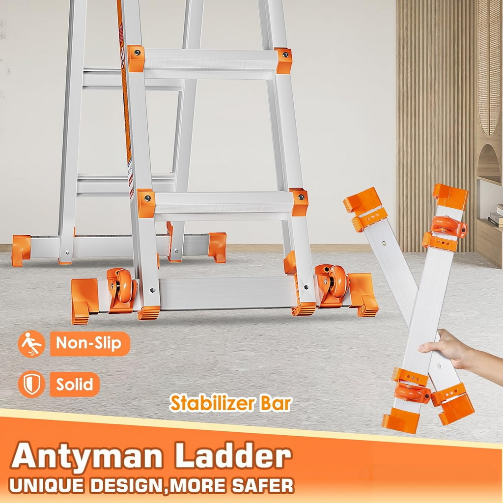 Antyman Telescoping A Frame Ladder, 17FT Multi Position Ladder with Stabilizer Bar & Wheels,330 lbs Security Load for Stairs Home Indoor Outdoor Roof