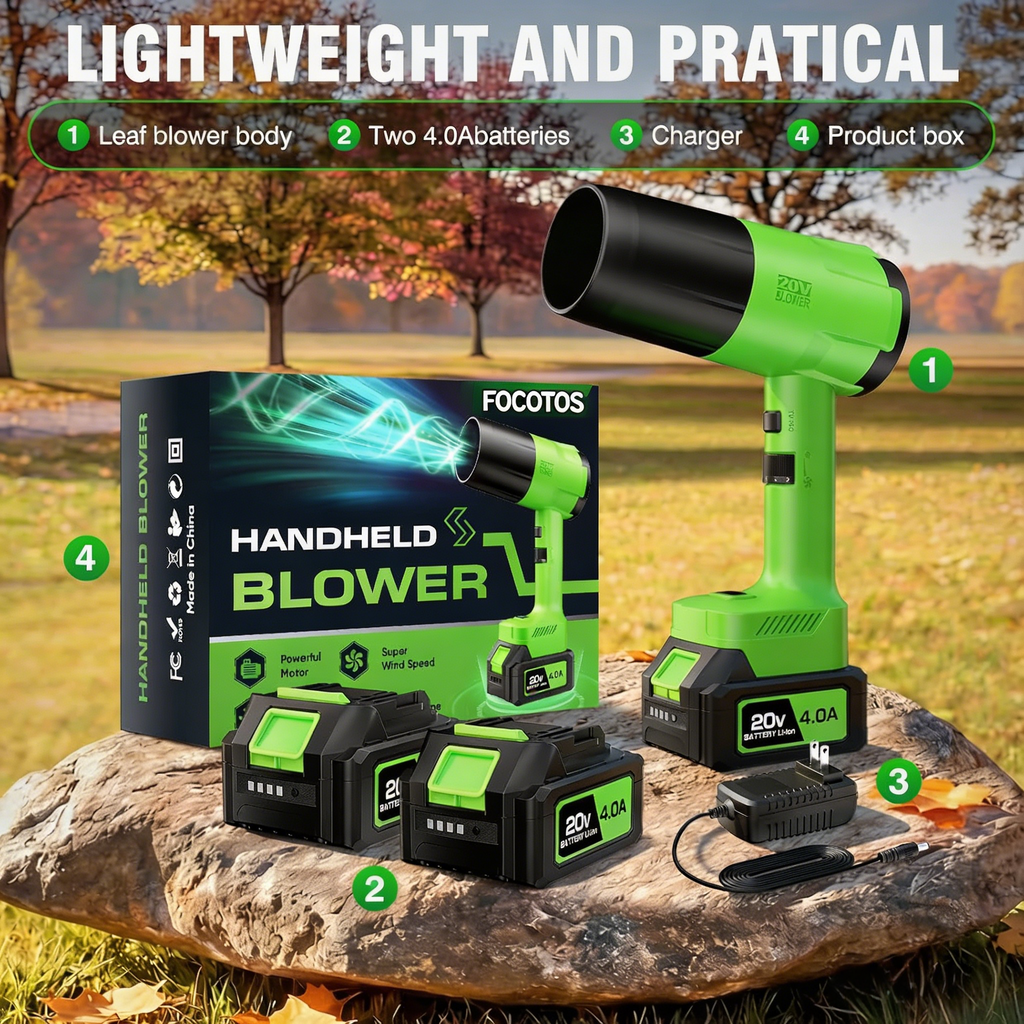 FOCOTOS Leaf Blower Cordless, Handheld Leaf Blower with 2 X 4.0Ah Battery and Charger, Snow Blower with 6 Speed Modes, Lightweight Blowers for Lawn Care, Patio, Yard, Blowing Snow, Leaves, Dust