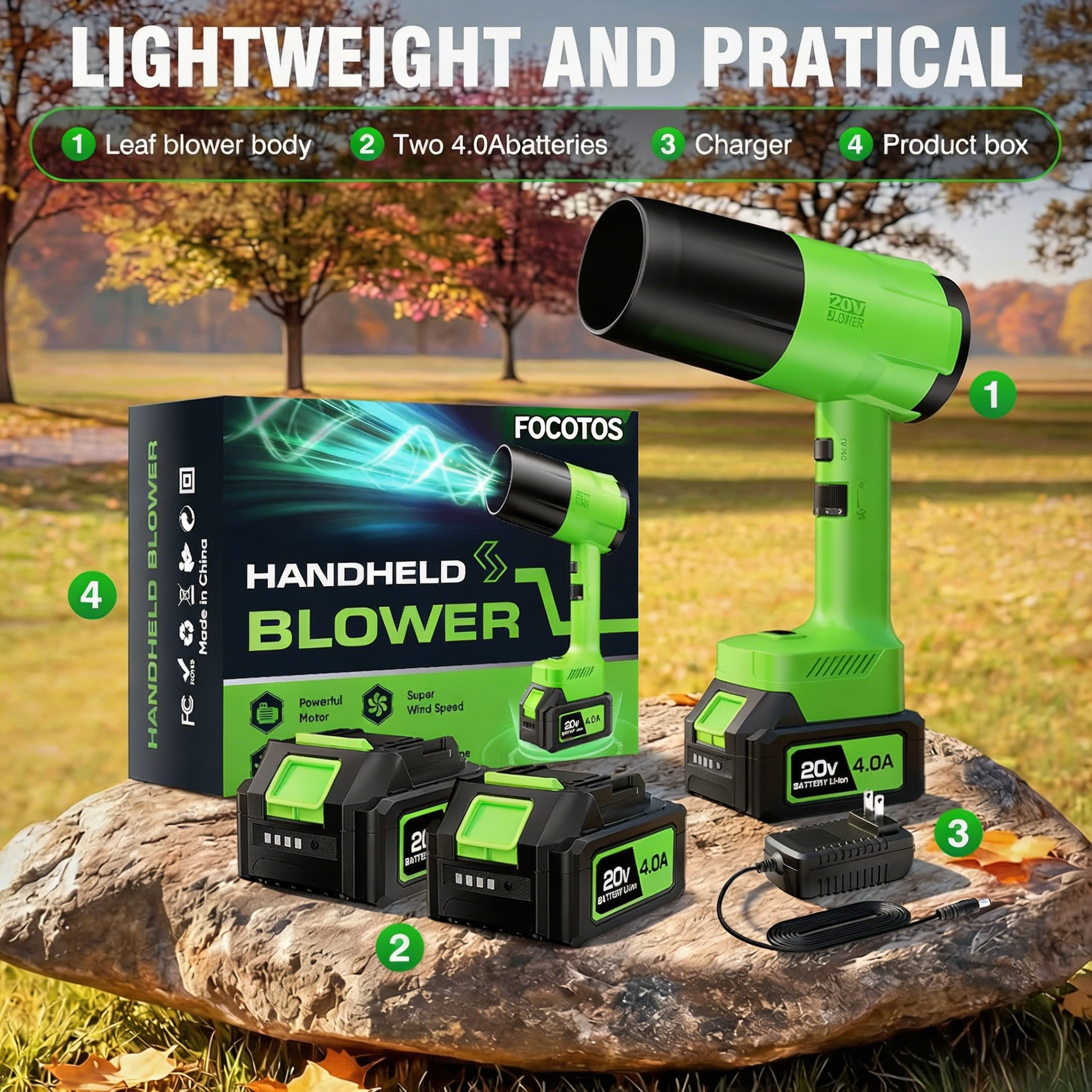 FOCOTOS Leaf Blower Cordless, Handheld Leaf Blower with 2 X 4.0Ah Battery and Charger, Snow Blower with 6 Speed Modes, Lightweight Blowers for Lawn Care, Patio, Yard, Blowing Snow, Leaves, Dust