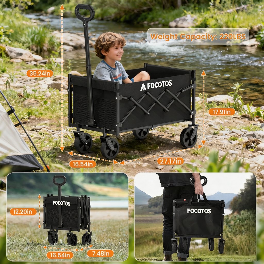 FOCOTOS Collapsible Wagon with Wheels, 220 lbs Wagons Carts Foldable Wagon Cart with Flexible Handle, Lightweight Portable Folding Utility Grocery Shopping Cart for Grocery Sports Garden Camping