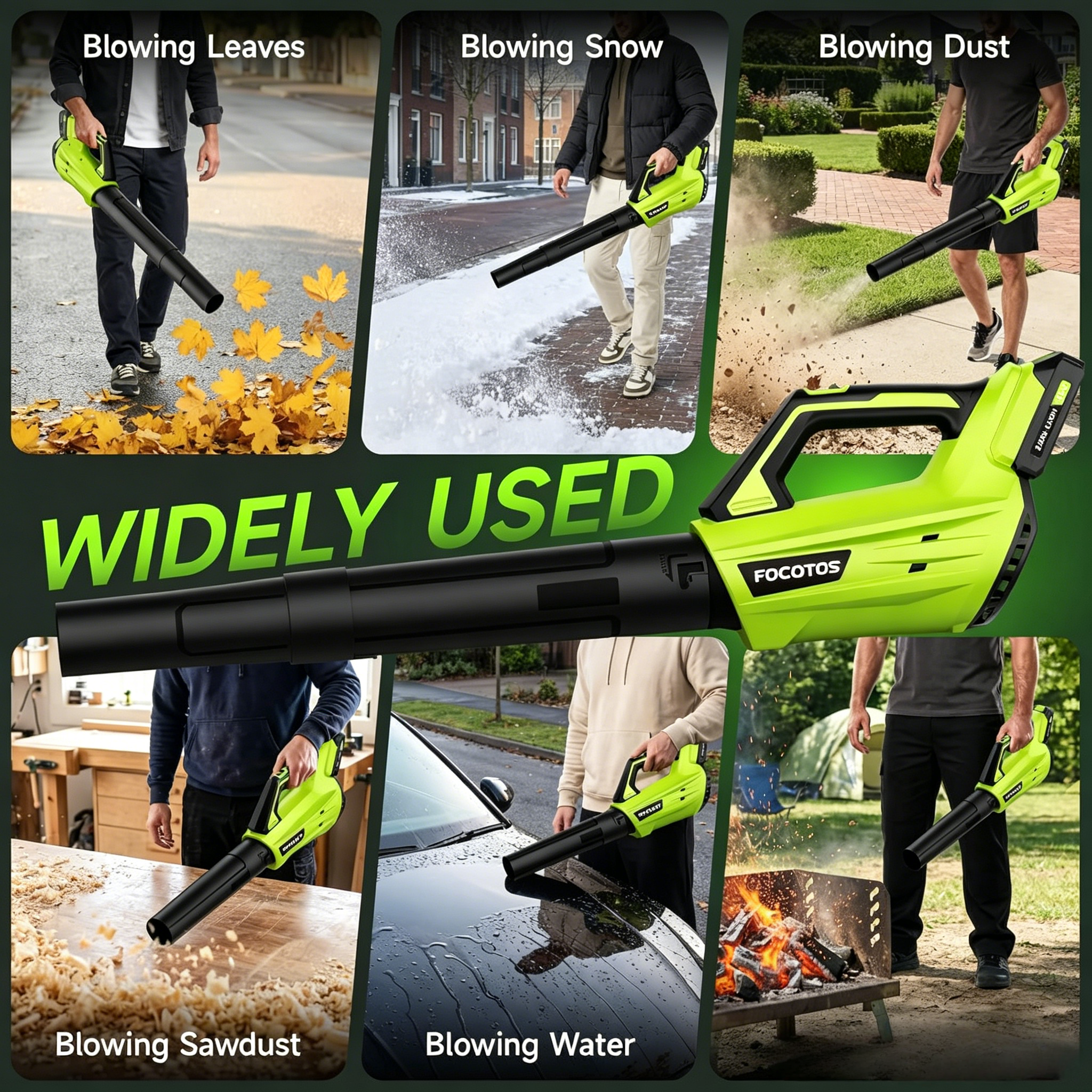 FOCOTOS Leaf Blower Cordless, Leaf Blower with Battery and Charger - 2 Speed Modes, 2 Batteries, 20V Powerful Lightweight Electric Blowers for Blowing Leaves, Lawn Care, Patio, Green