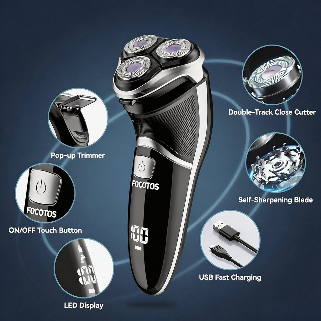 Men's Electric Shaver - FOCOTOS Corded and Cordless Rechargeable 3D Rotary Shaver Razor for Men with Pop-up Sideburn Trimmer Wet and Dry, IPX7 Waterproof, Plug & Play