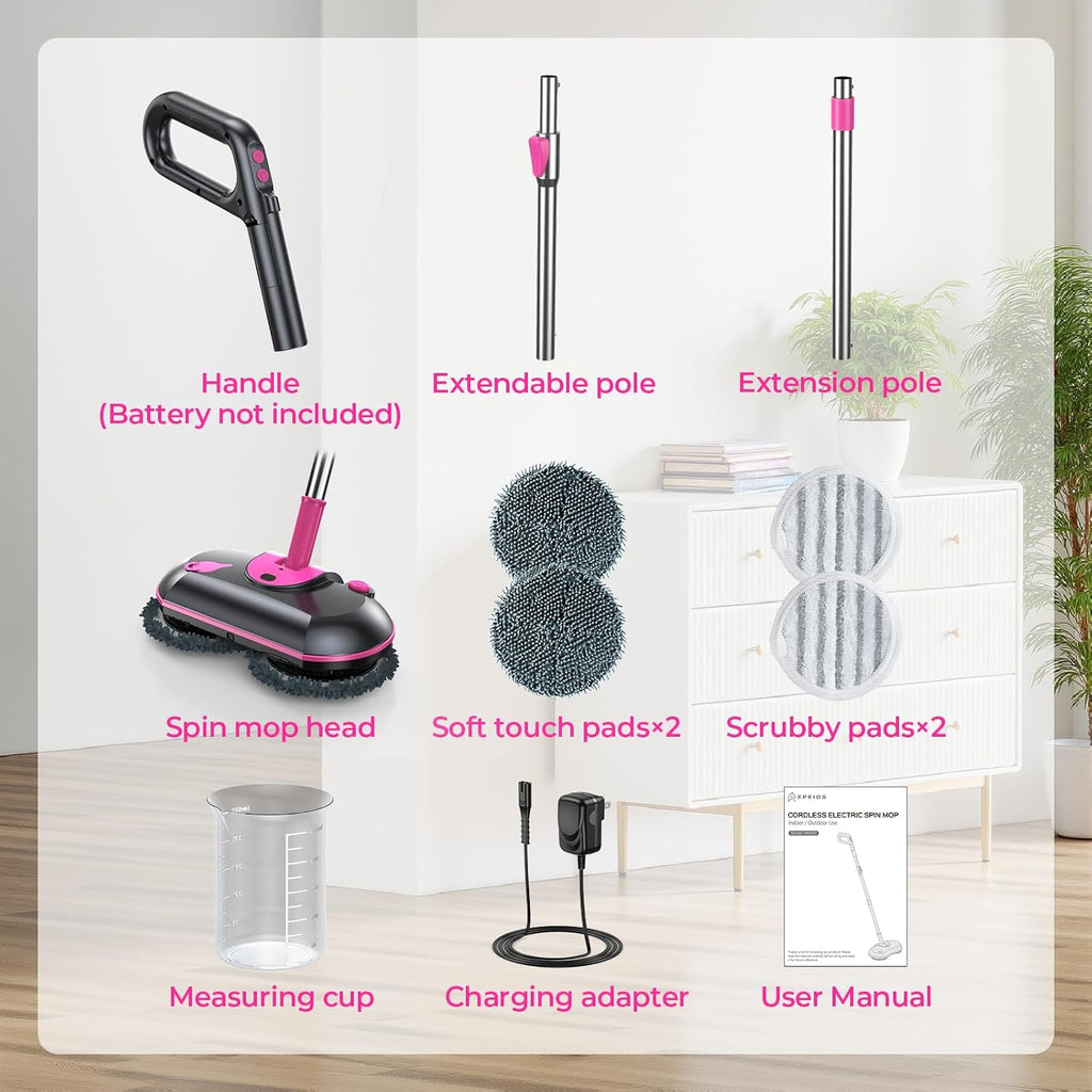 FOCOTOS Cordless Electric Mop, Electric Spin Mop with Water Sprayer, Powerful Floor Cleaner, 300ml Tank Self-Propelled for Hardwood & Tile, Adjustable Handle, 2500mAh Long-Lasting Battery, Pink