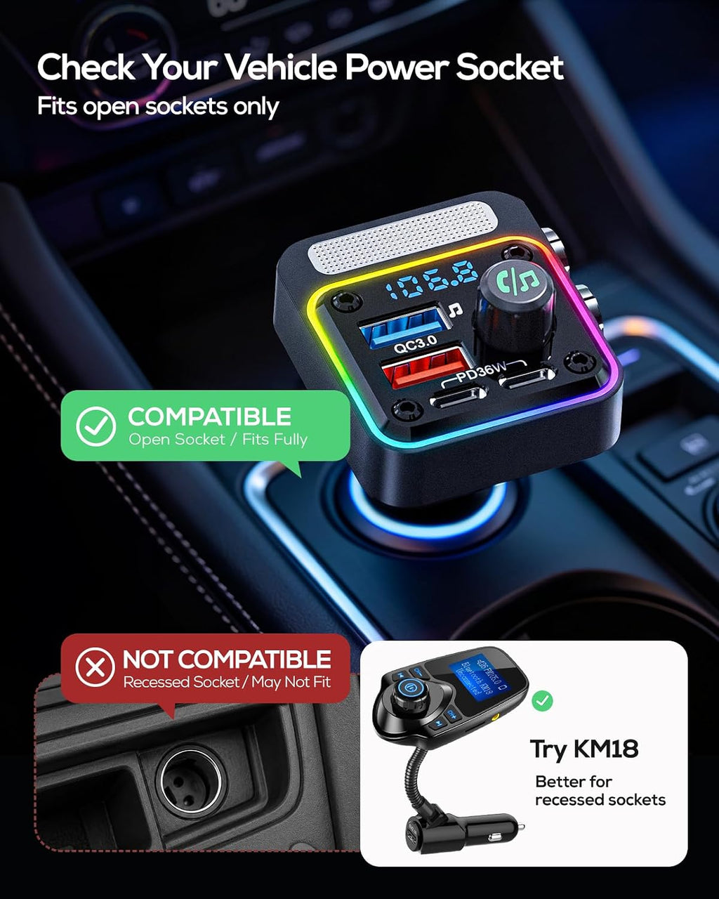 Antyman 54W Bluetooth 5.3 Car Adapter, FM Transmitter 4-Port Fast Charging | Wireless FM Radio Music Player with Deep Bass, 5 Colors LED Backlit, Hands-Free Calling, PD&QC Car Charger Support USB Drive