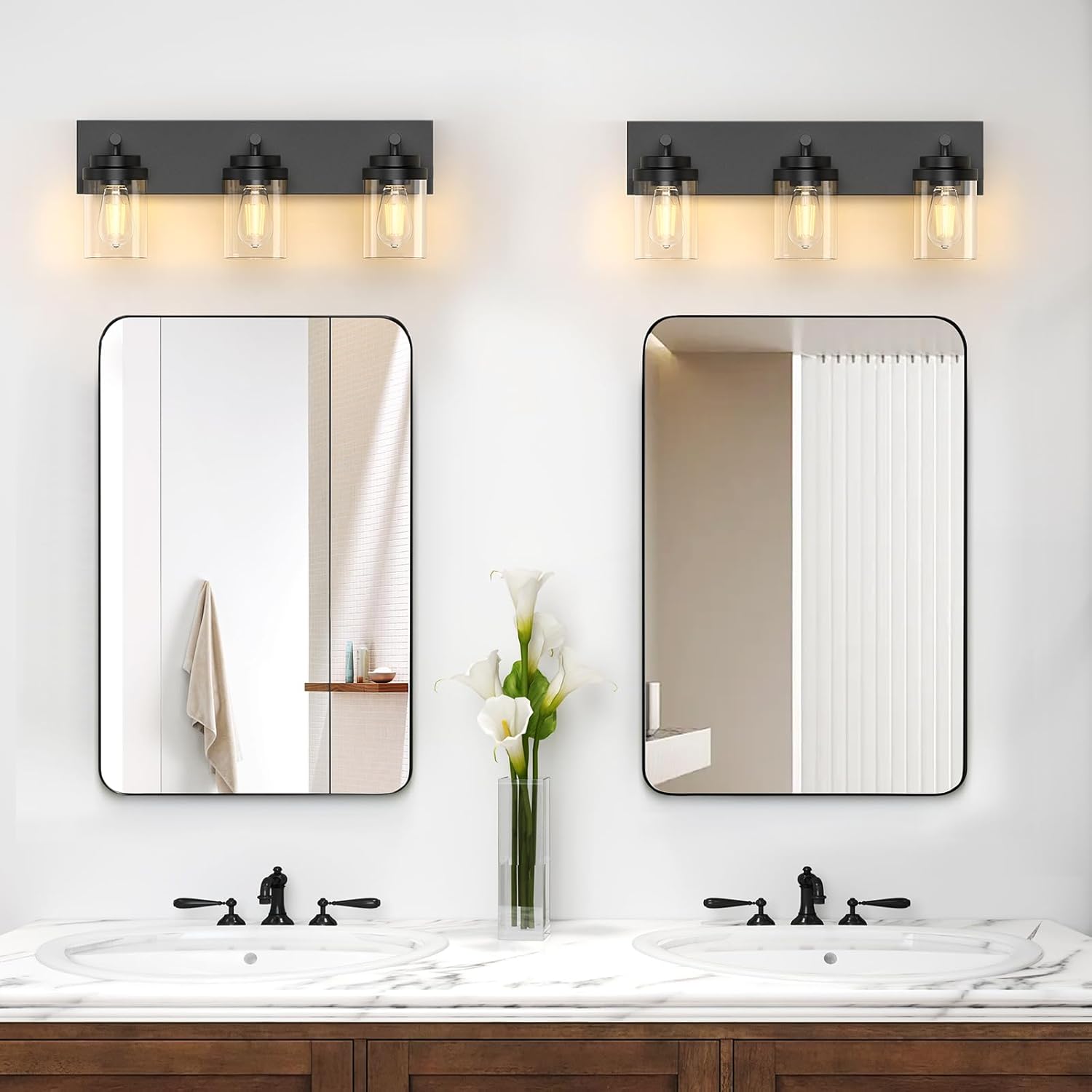 FOCOTOS Bathroom Vanity Light Fixture, 3-Light 22 Inch Matte Black Bathroom Light Fixtures Over Mirror, with Clear Glass Shade, Modern Farmhouse Vanity Lights, Rustic Restroom Lighting Fixtures