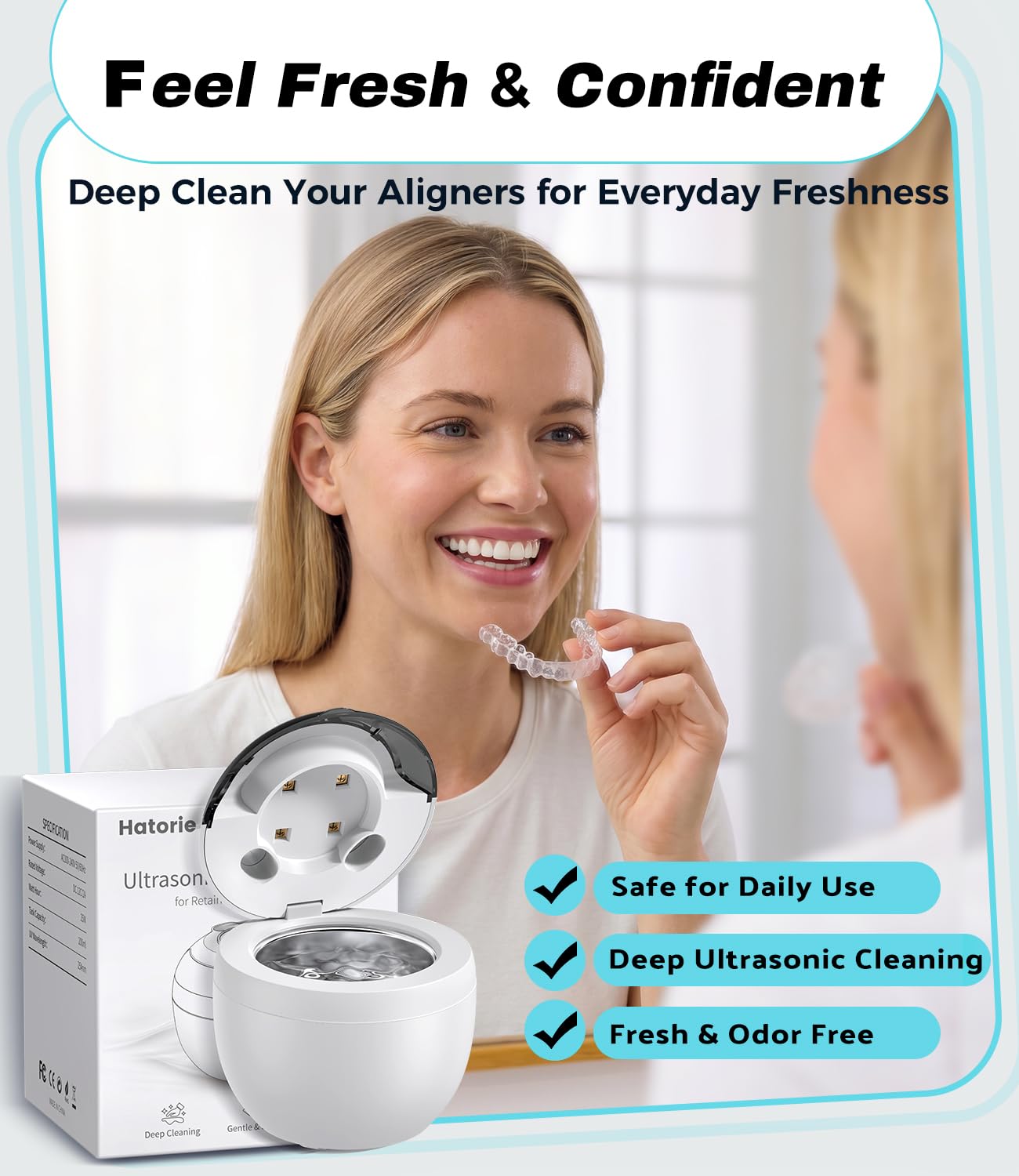 FOCOTOS Ultrasonic Retainer Cleaner Machine, 45kHz Deep Gentle Dental Cleaning Pod with 304 Stainless Steel Tank, 4 Cleaning Modes for Aligners, Dentures, Mouth Guards, Night Guards, Toothbrush Heads