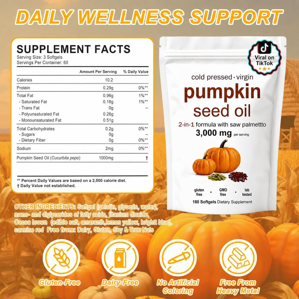 FOCOTOS Pumpkin Seed Oil, Pumpkin Seed Oil Capsules with Saw Palmetto| for Hair Growth - Non-GMO - 180 Softgels | 3000mg Cold Pressed white