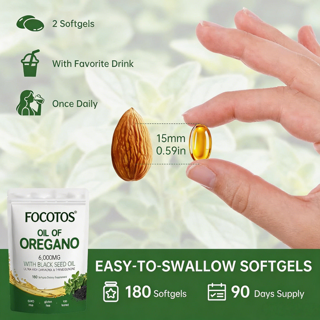 FOCOTOS Oil of Oregano with Black Seed Oil, 180 Count Oregano Oil Capsules with 4X Strength of Carvacrol and Thymoquinone, Non-GMO, Natural Herbal Health Supplement