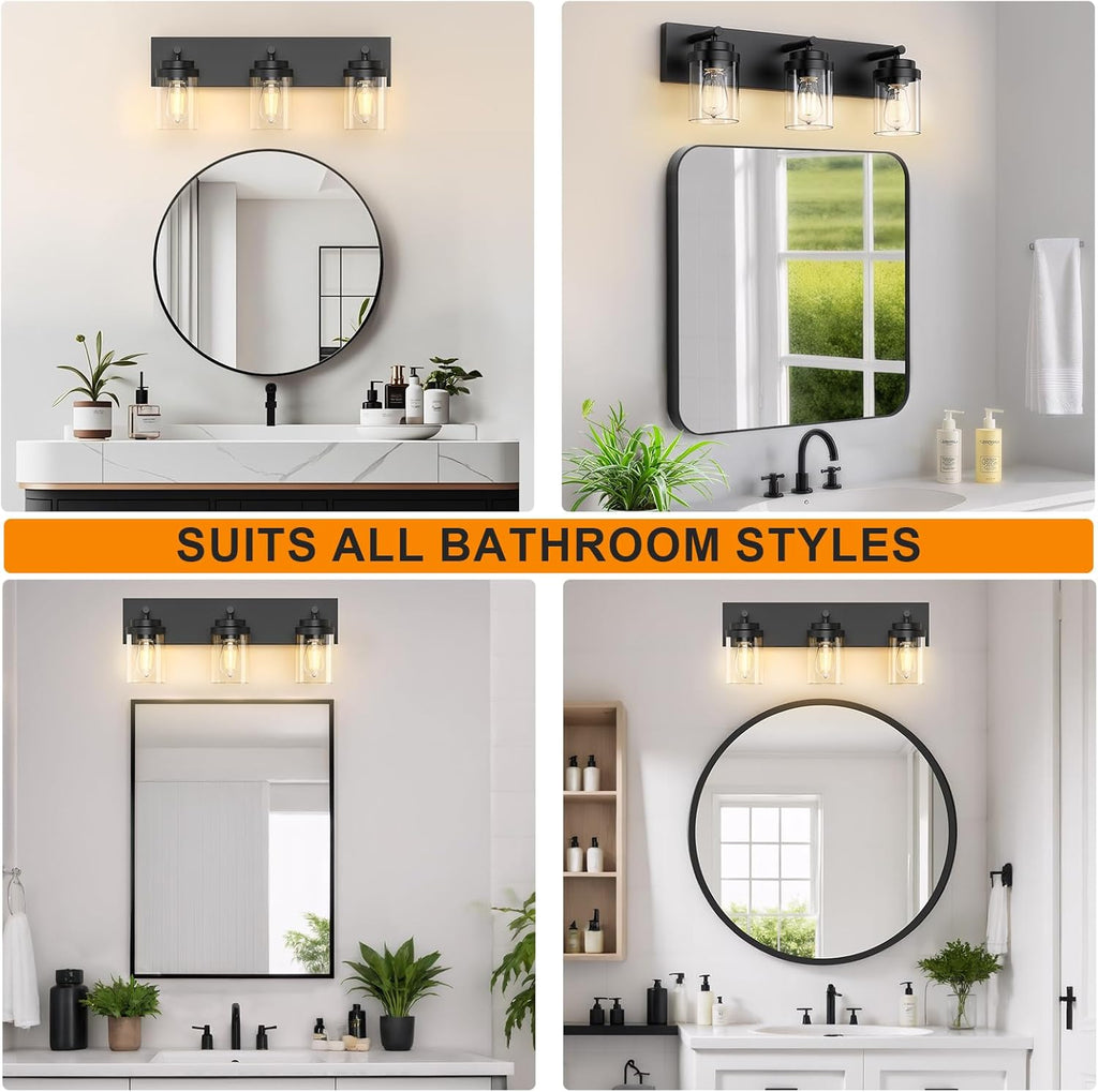FOCOTOS Bathroom Vanity Light Fixture, 3-Light 22 Inch Matte Black Bathroom Light Fixtures Over Mirror, with Clear Glass Shade, Modern Farmhouse Vanity Lights, Rustic Restroom Lighting Fixtures
