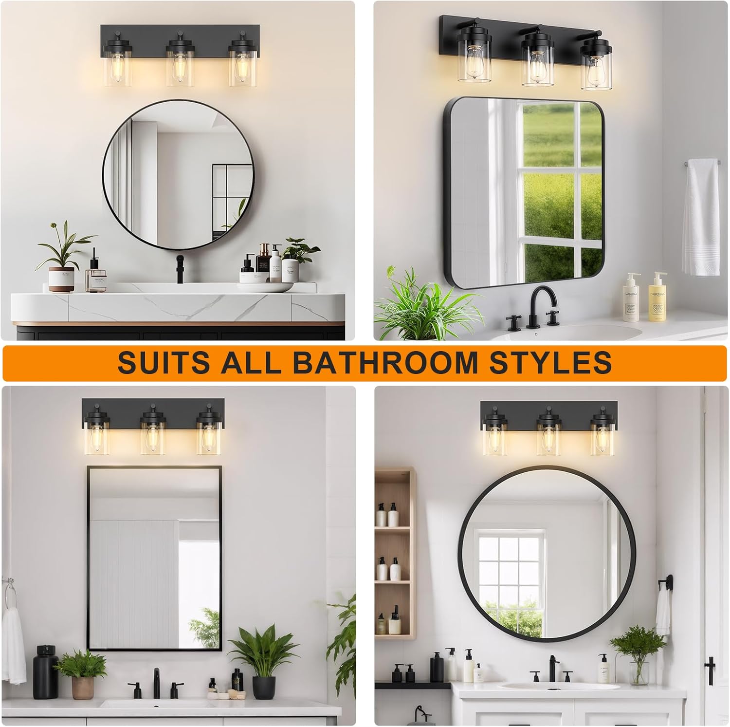 FOCOTOS Bathroom Vanity Light Fixture, 3-Light 22 Inch Matte Black Bathroom Light Fixtures Over Mirror, with Clear Glass Shade, Modern Farmhouse Vanity Lights, Rustic Restroom Lighting Fixtures