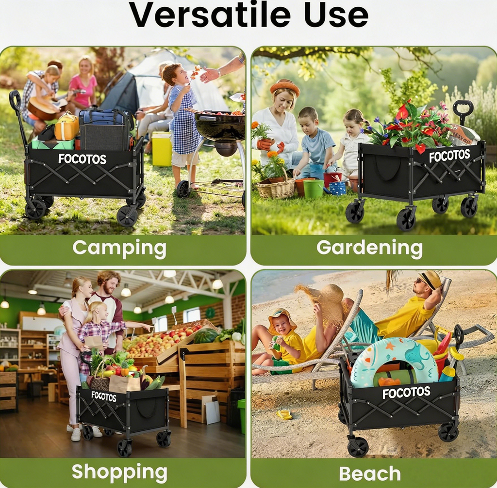FOCOTOS Collapsible Wagon with Wheels, 220 lbs Wagons Carts Foldable Wagon Cart with Flexible Handle, Lightweight Portable Folding Utility Grocery Shopping Cart for Grocery Sports Garden Camping