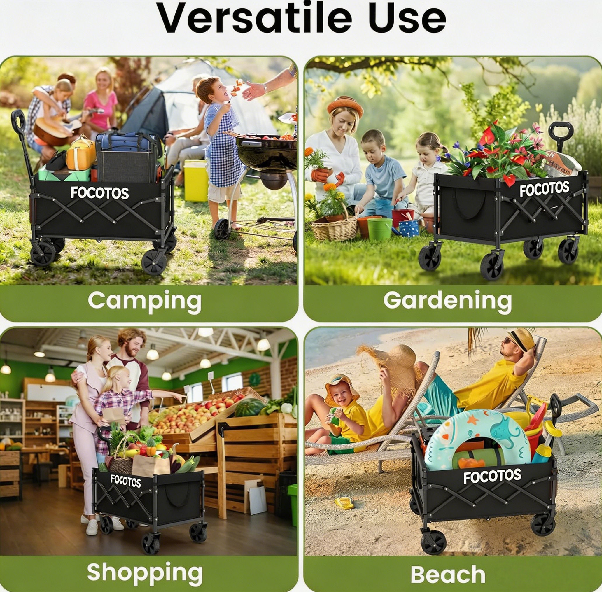 FOCOTOS Collapsible Wagon with Wheels, 220 lbs Wagons Carts Foldable Wagon Cart with Flexible Handle, Lightweight Portable Folding Utility Grocery Shopping Cart for Grocery Sports Garden Camping
